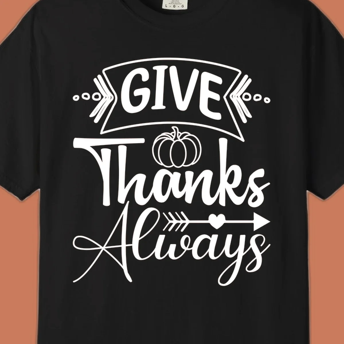 Give Thanks Always typography with pumpkin and heart graphic