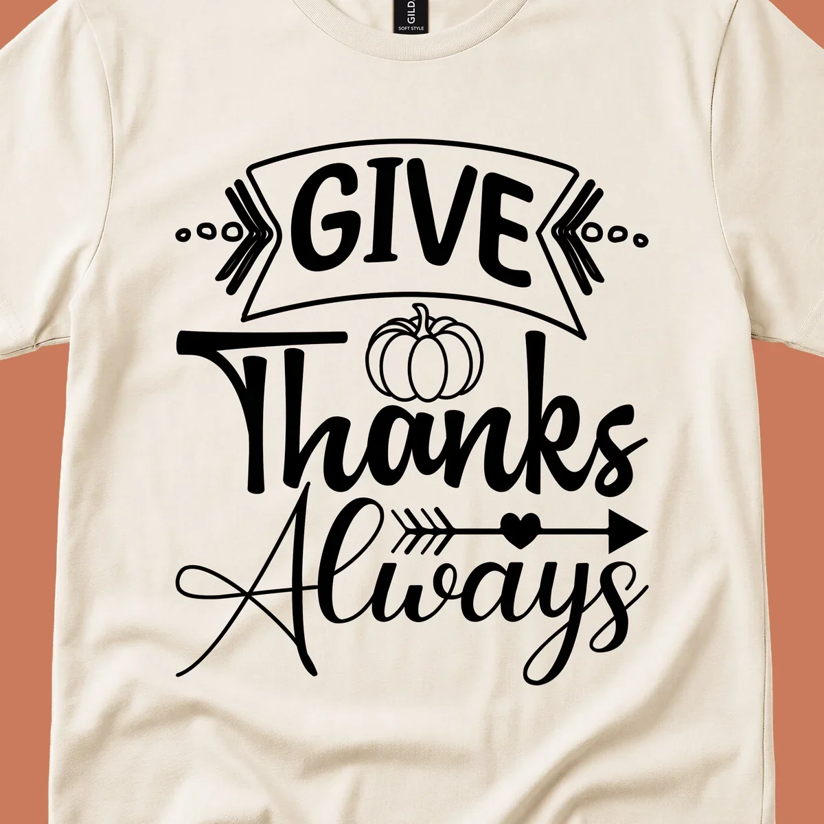 Give Thanks Always typography with pumpkin and heart graphic