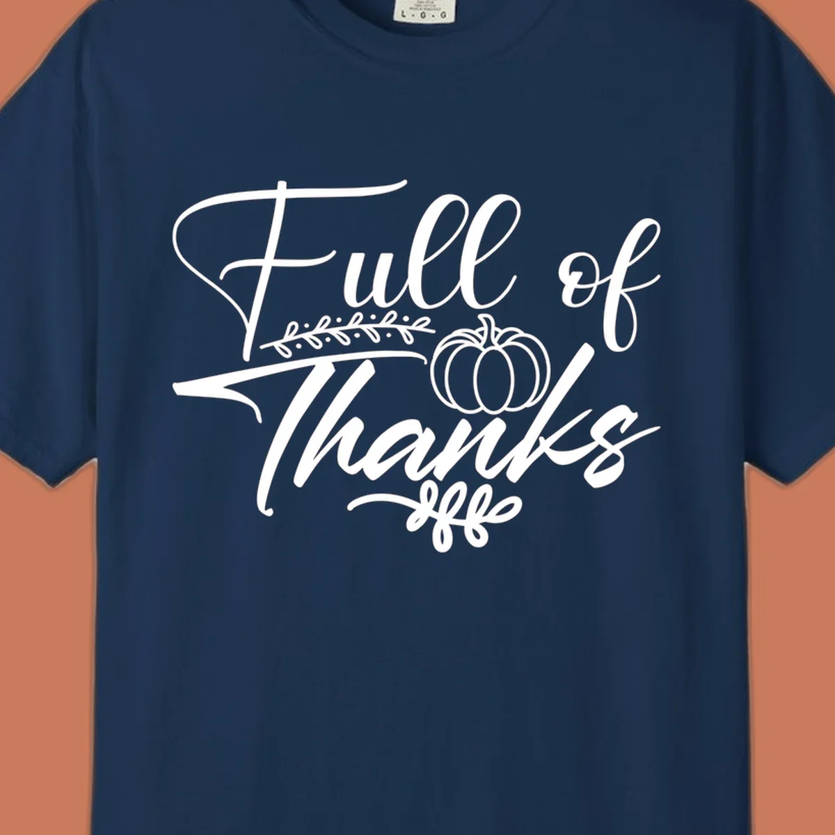 Elegant white script typography 'Full of Thanks' with pumpkin and leaf vine graphic for gratitude themes.