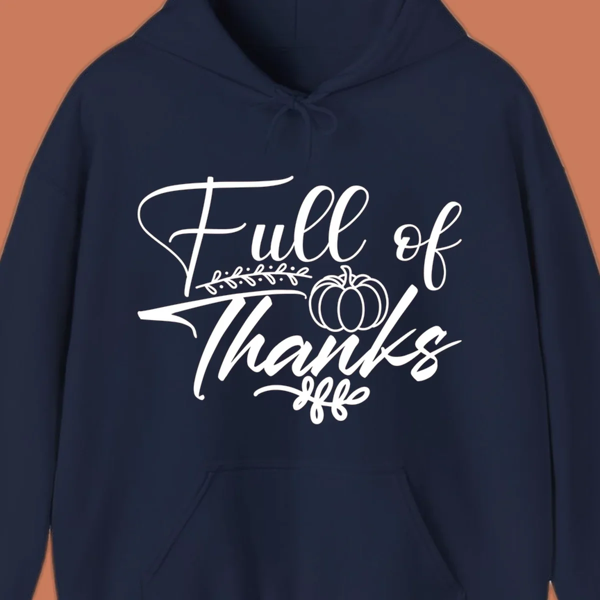 Elegant white script typography 'Full of Thanks' with pumpkin and leaf vine graphic for gratitude themes.
