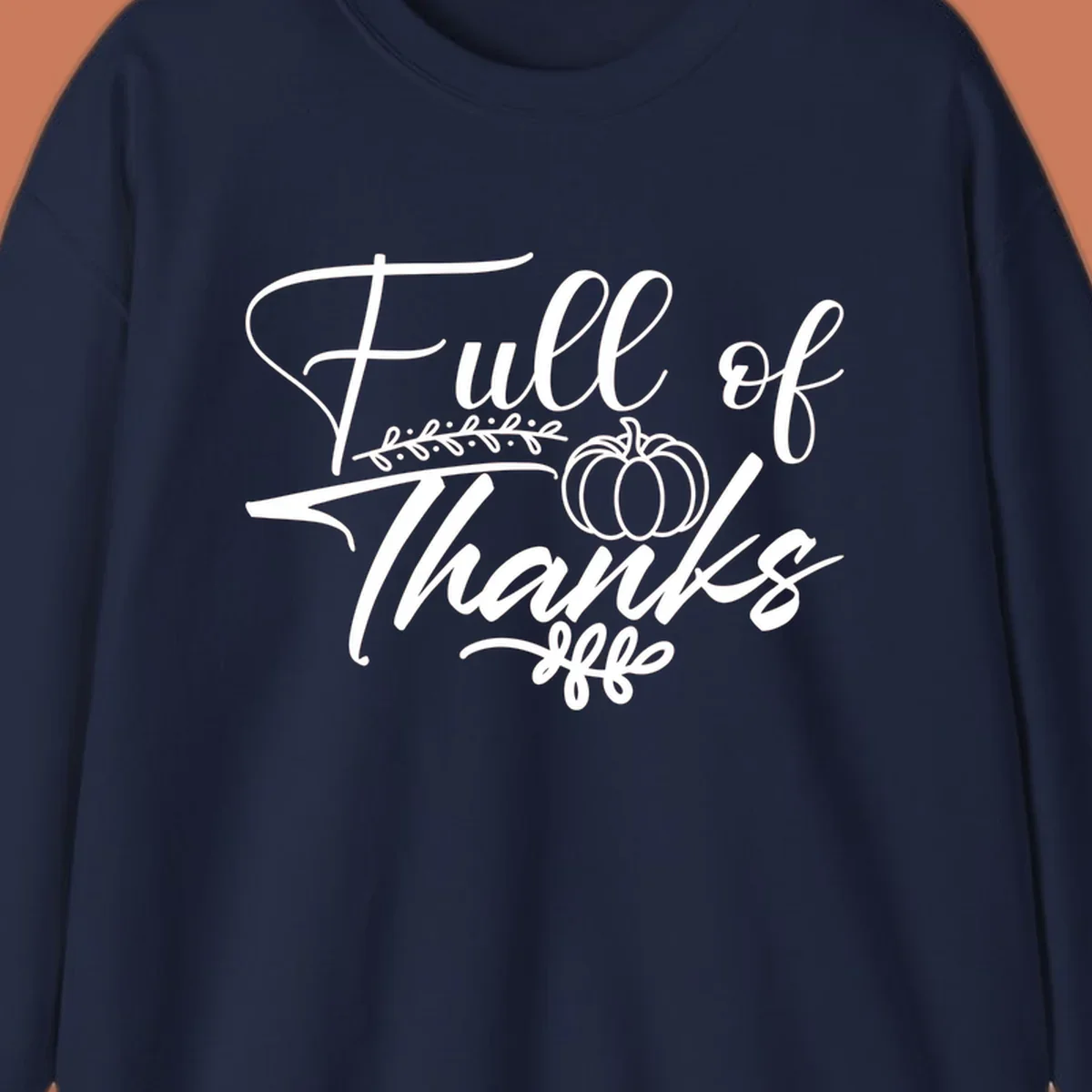 Elegant white script typography 'Full of Thanks' with pumpkin and leaf vine graphic for gratitude themes.