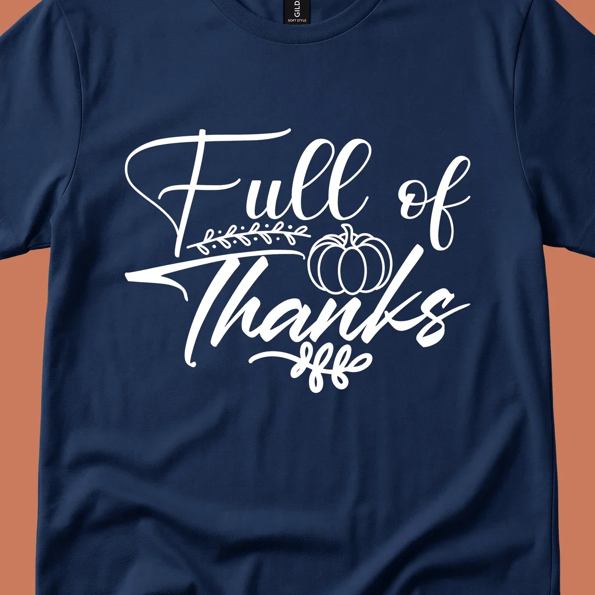 Elegant white script typography 'Full of Thanks' with pumpkin and leaf vine graphic for gratitude themes.