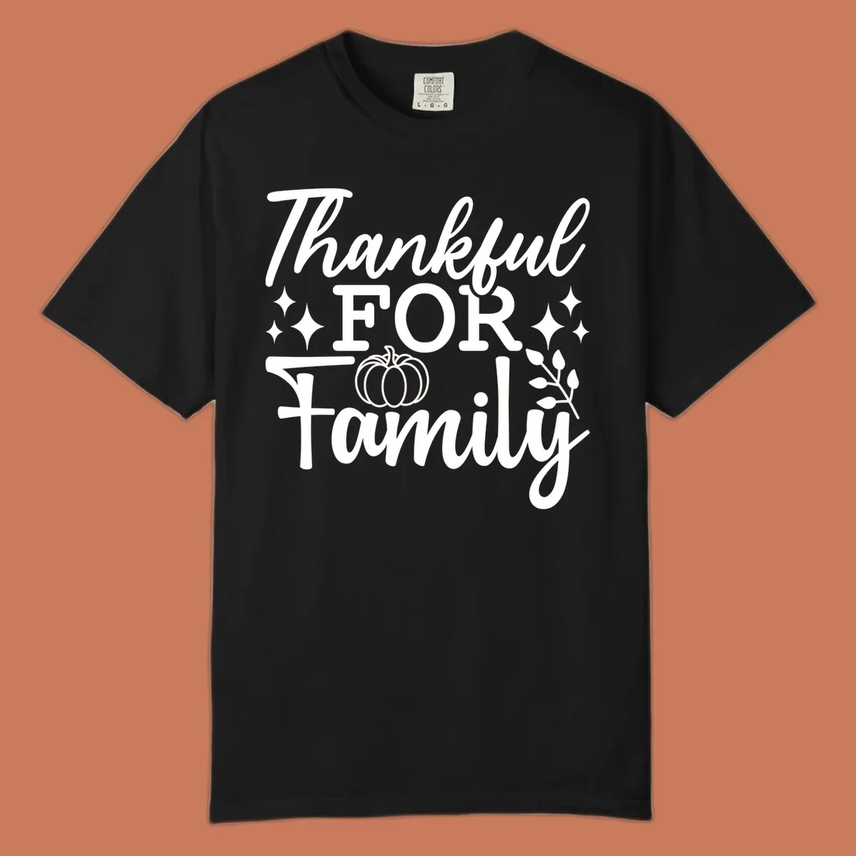 White text 'Thankful FOR Family' with pumpkin and festive accents. Thankful-family-pumpkin design.