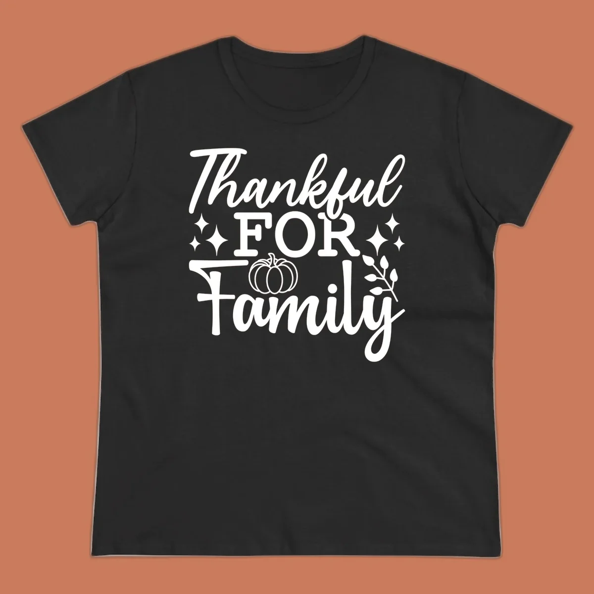 White text 'Thankful FOR Family' with pumpkin and festive accents. Thankful-family-pumpkin design.