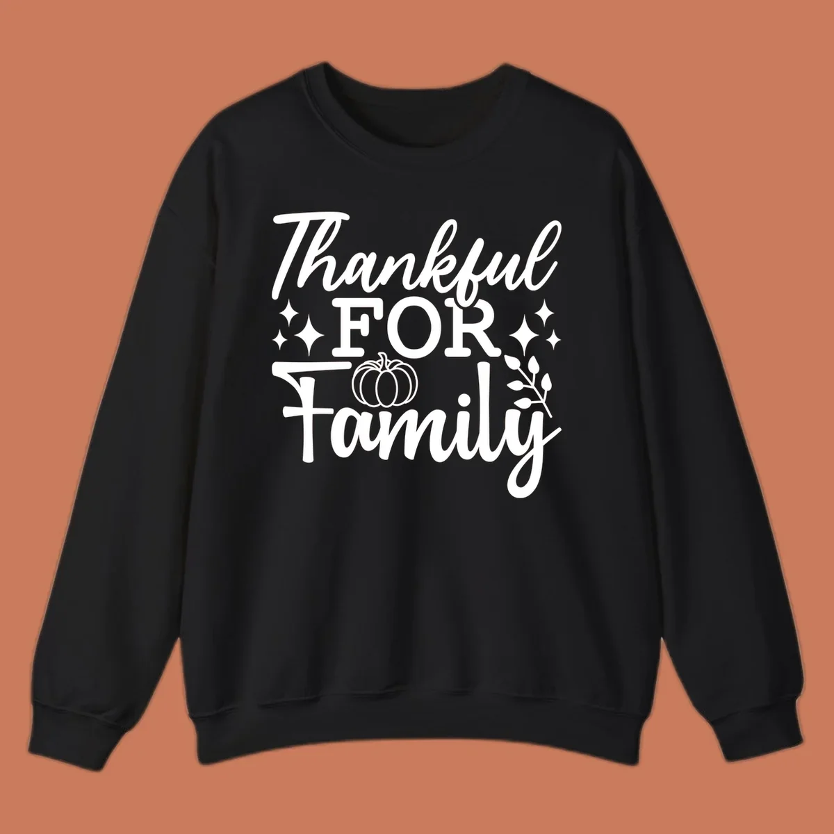 White text 'Thankful FOR Family' with pumpkin and festive accents. Thankful-family-pumpkin design.