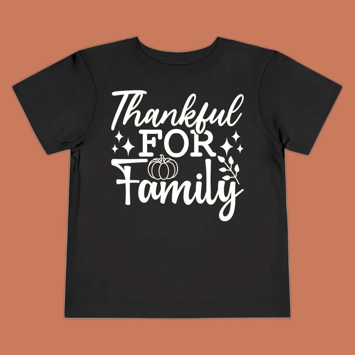 White text 'Thankful FOR Family' with pumpkin and festive accents. Thankful-family-pumpkin design.