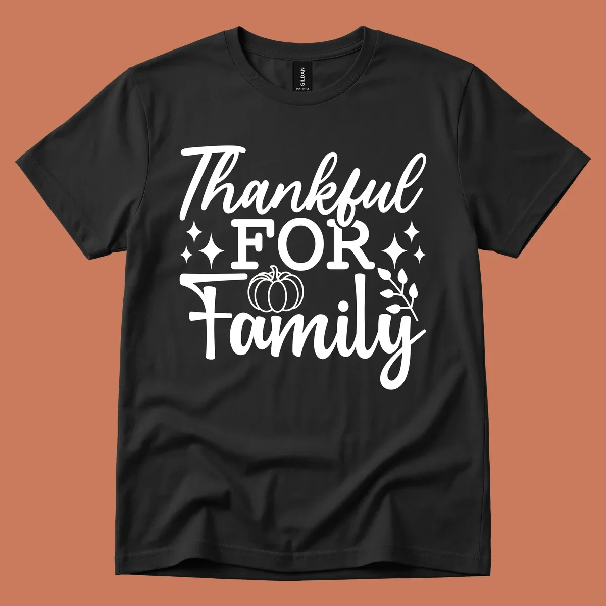 White text 'Thankful FOR Family' with pumpkin and festive accents. Thankful-family-pumpkin design.