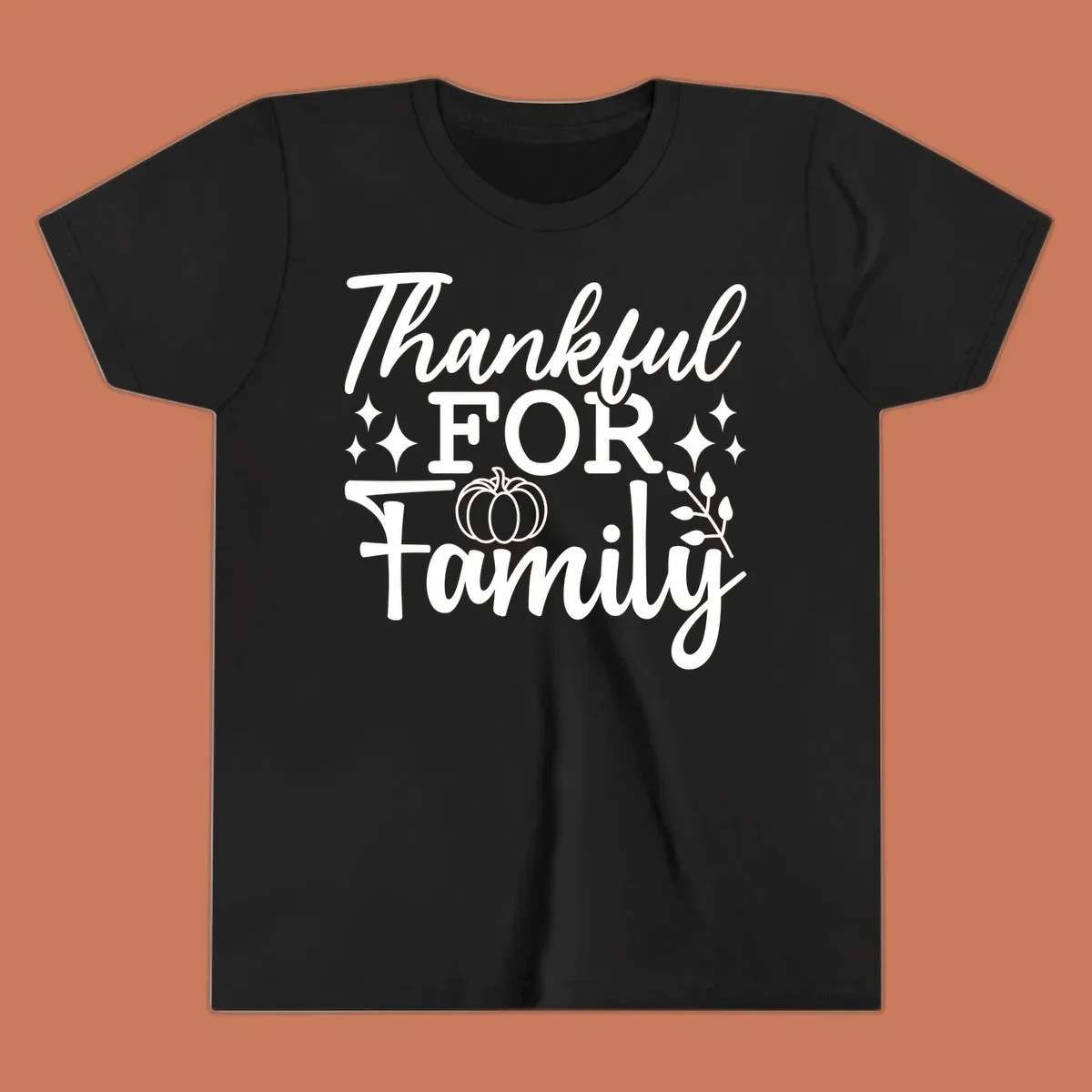 White text 'Thankful FOR Family' with pumpkin and festive accents. Thankful-family-pumpkin design.