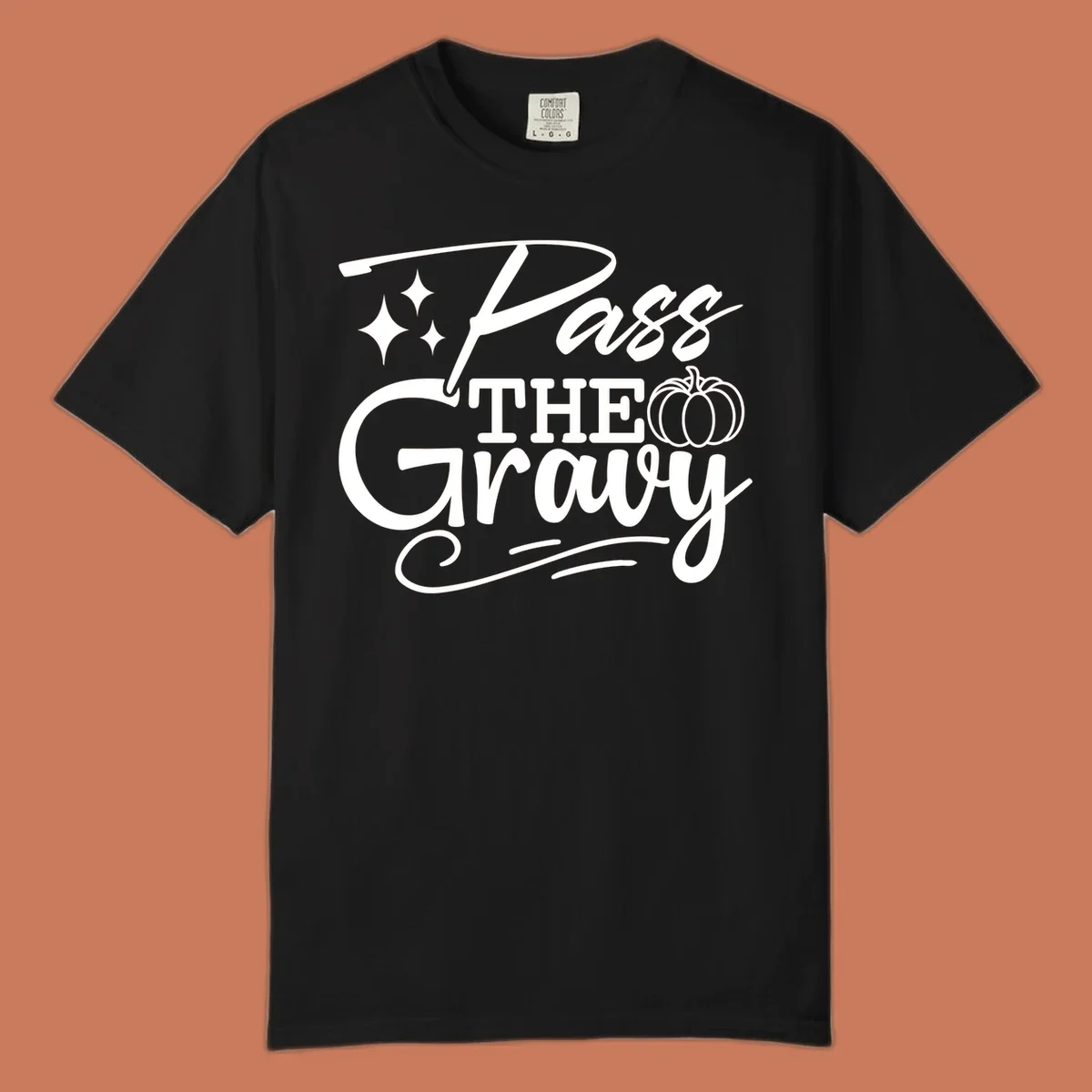 Pass the Gravy phrase with pumpkin and stars, Thanksgiving graphic.