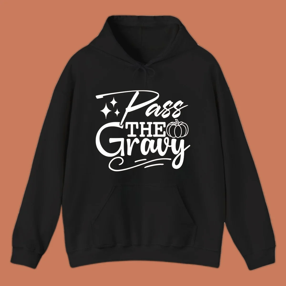 Pass the Gravy phrase with pumpkin and stars, Thanksgiving graphic.