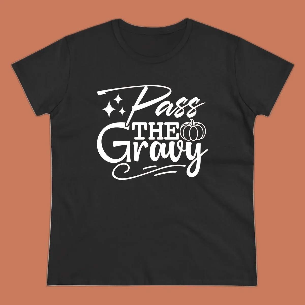 Pass the Gravy phrase with pumpkin and stars, Thanksgiving graphic.
