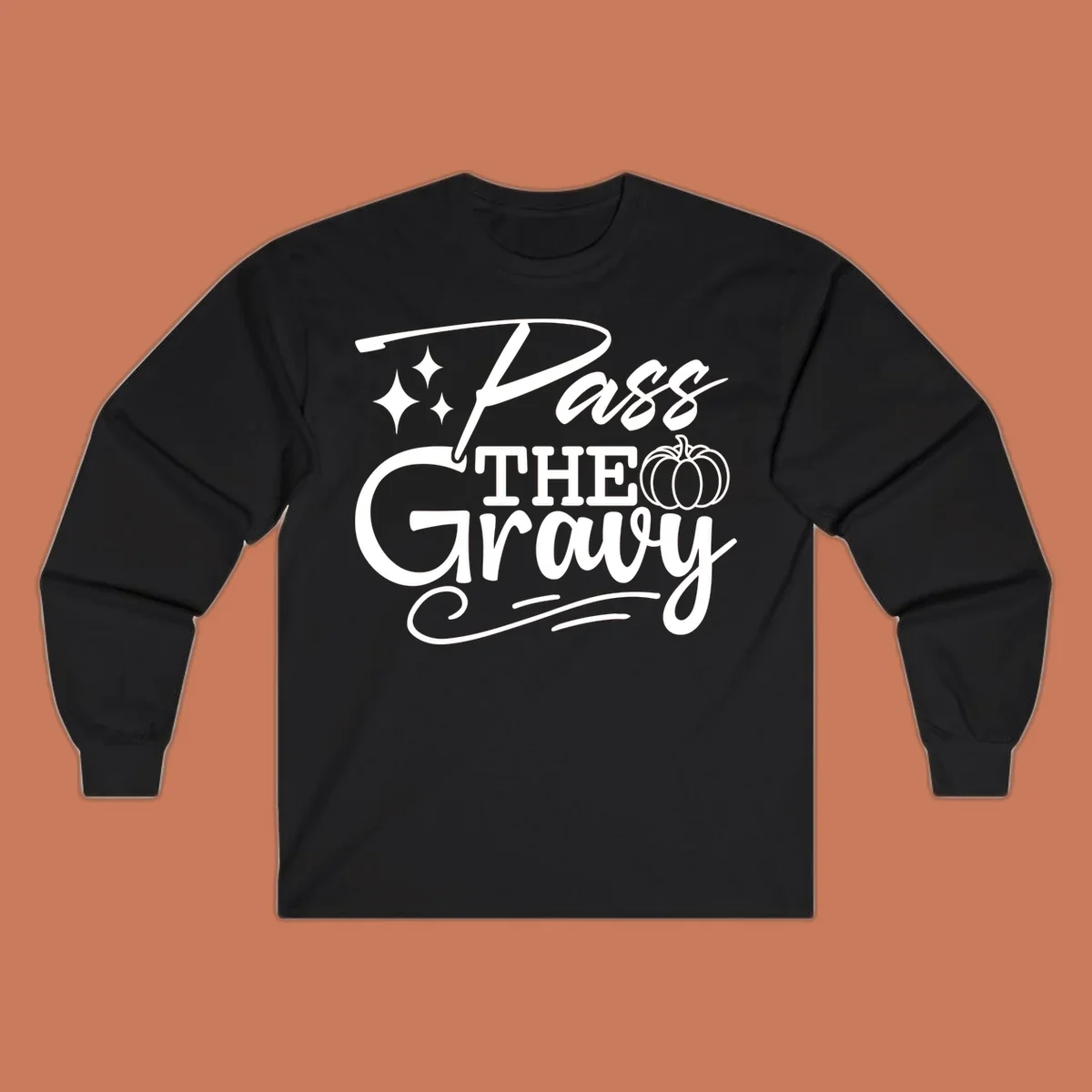 Pass the Gravy phrase with pumpkin and stars, Thanksgiving graphic.
