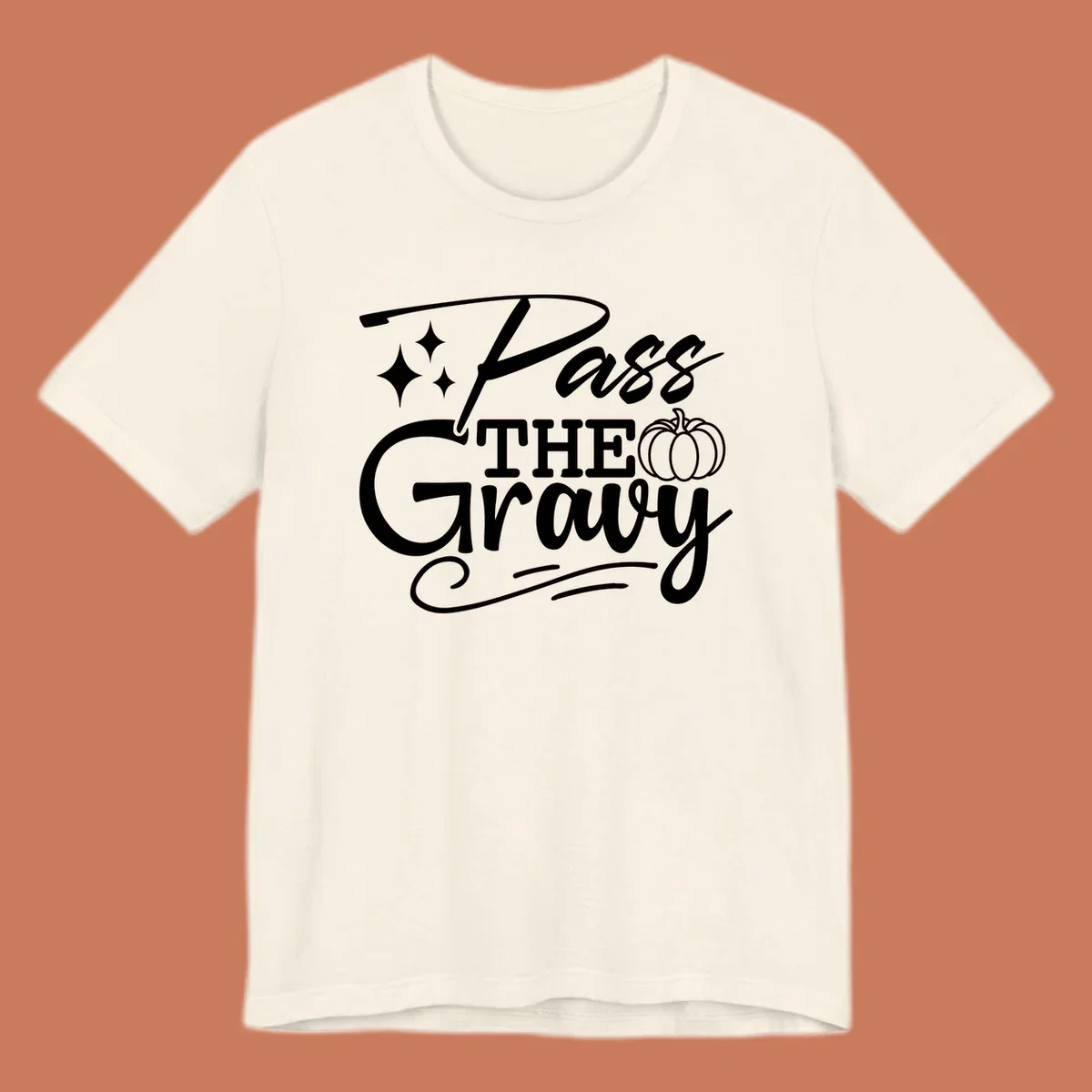 Pass the Gravy phrase with pumpkin and stars, Thanksgiving graphic.