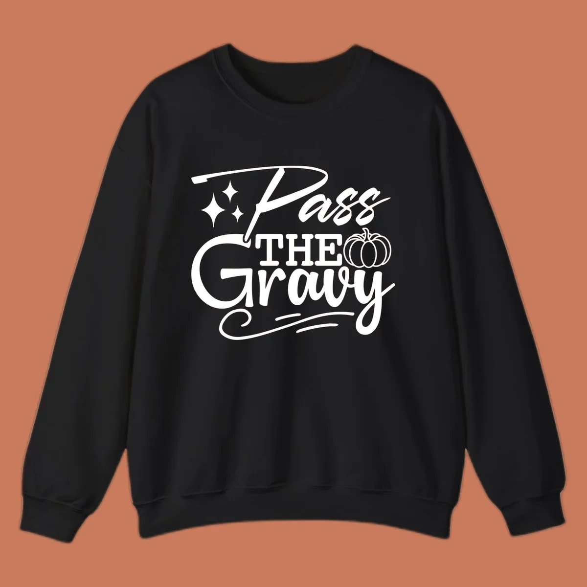 Pass the Gravy phrase with pumpkin and stars, Thanksgiving graphic.