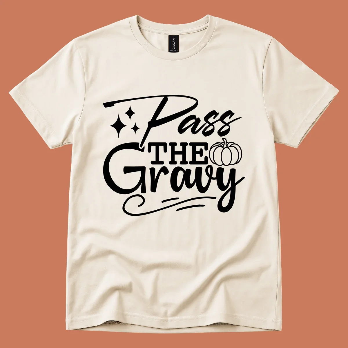 Pass the Gravy phrase with pumpkin and stars, Thanksgiving graphic.