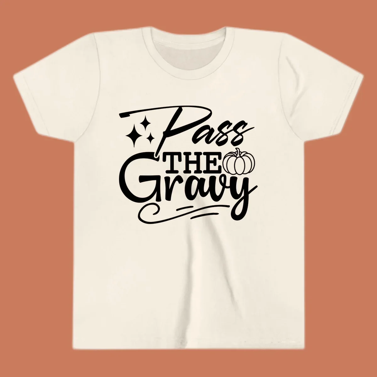 Pass the Gravy phrase with pumpkin and stars, Thanksgiving graphic.
