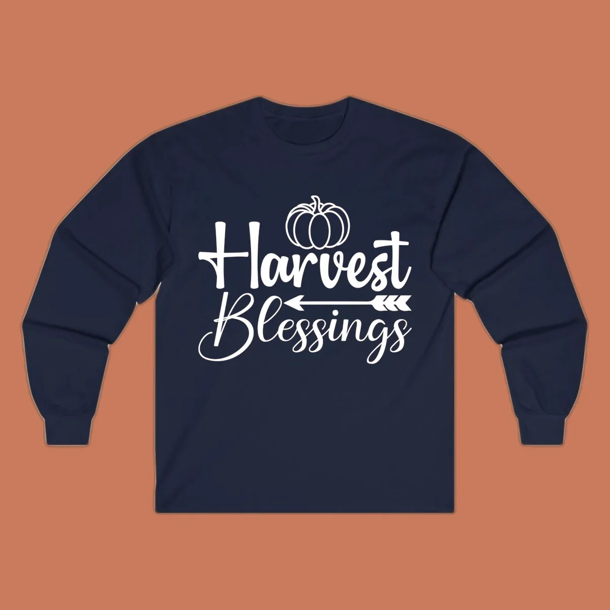Harvest Blessings text with pumpkin and arrow illustration for autumn season.