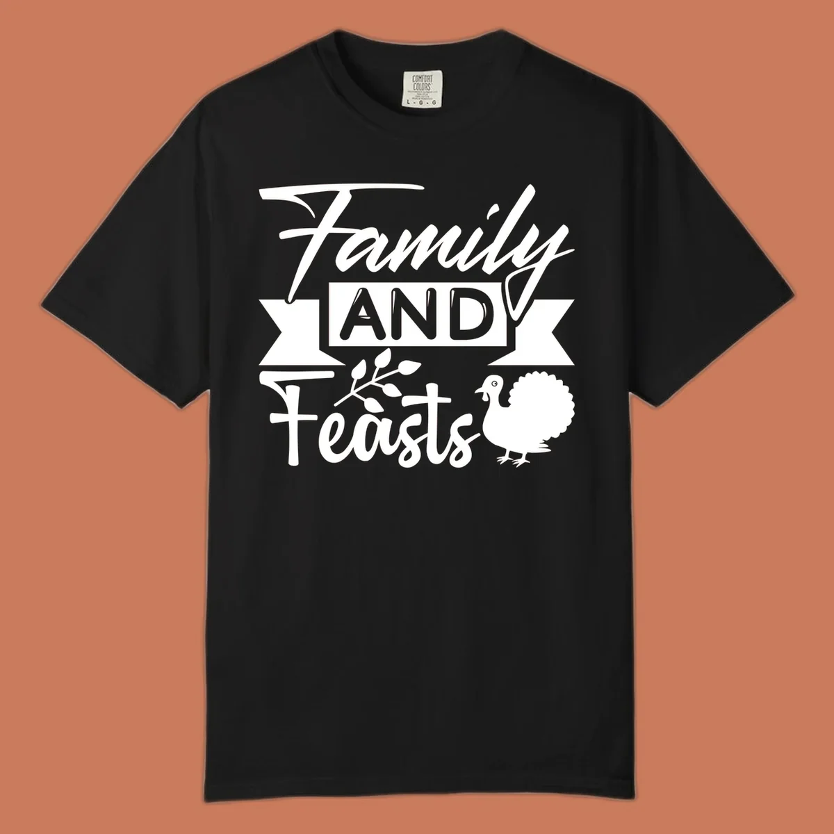 Family and Feasts design with typography, turkey, and leafy branch.