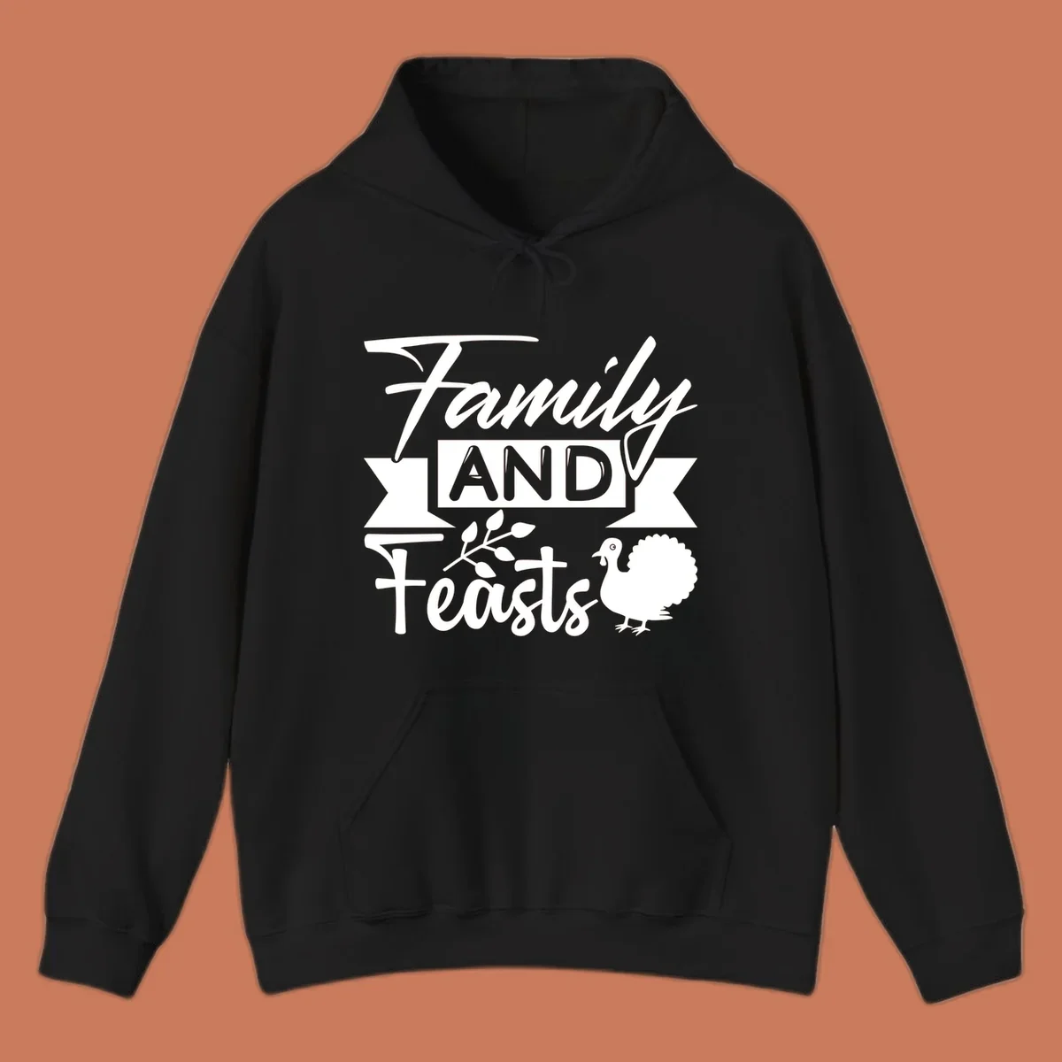 Family and Feasts design with typography, turkey, and leafy branch.