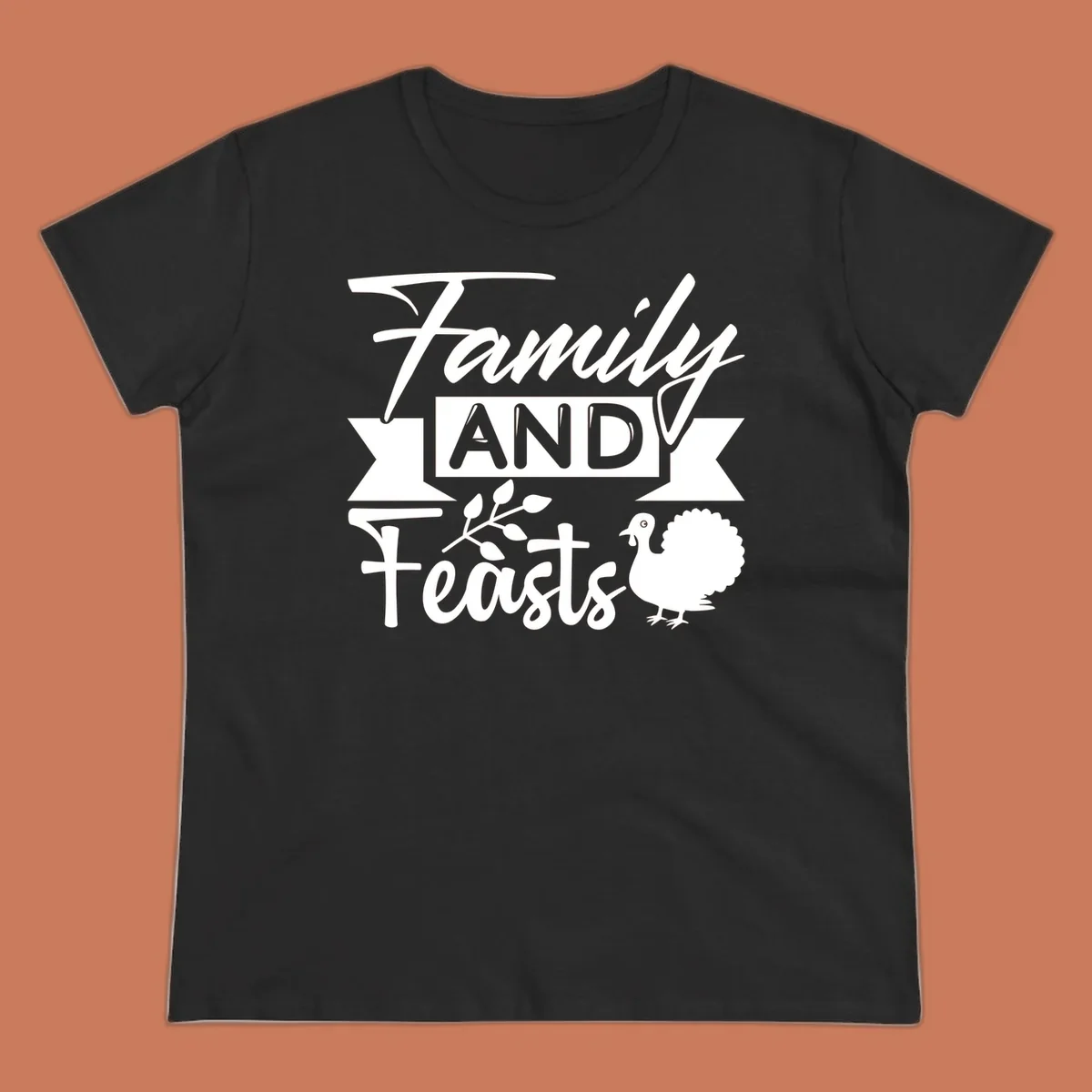 Family and Feasts design with typography, turkey, and leafy branch.