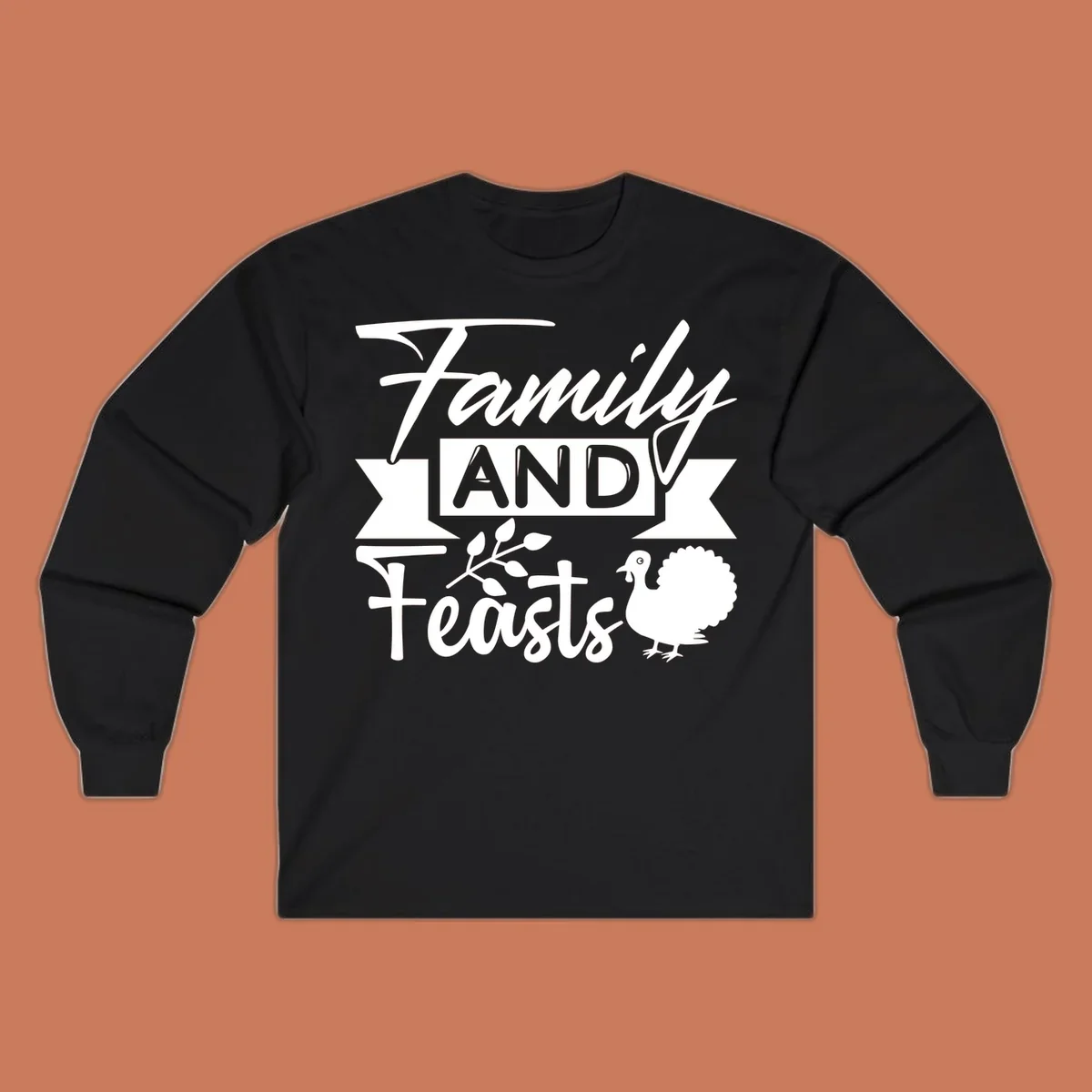 Family and Feasts design with typography, turkey, and leafy branch.