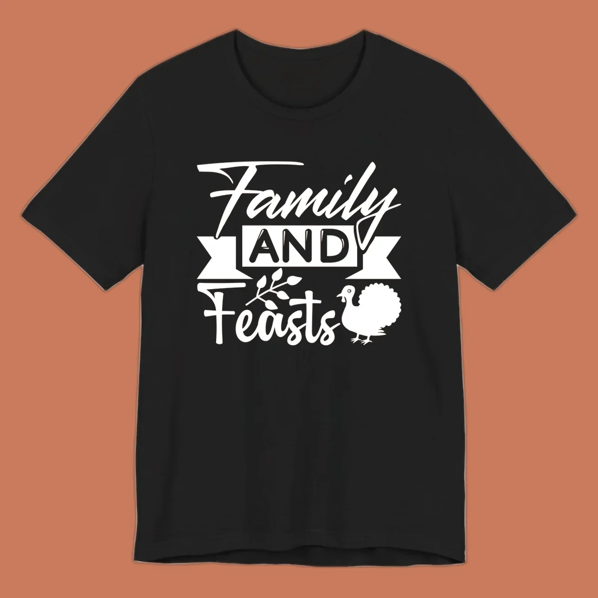 Family and Feasts design with typography, turkey, and leafy branch.