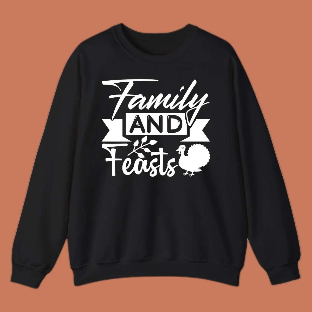 Family and Feasts design with typography, turkey, and leafy branch.