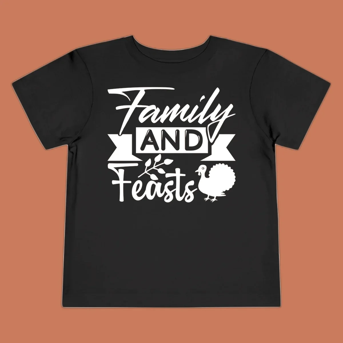 Family and Feasts design with typography, turkey, and leafy branch.