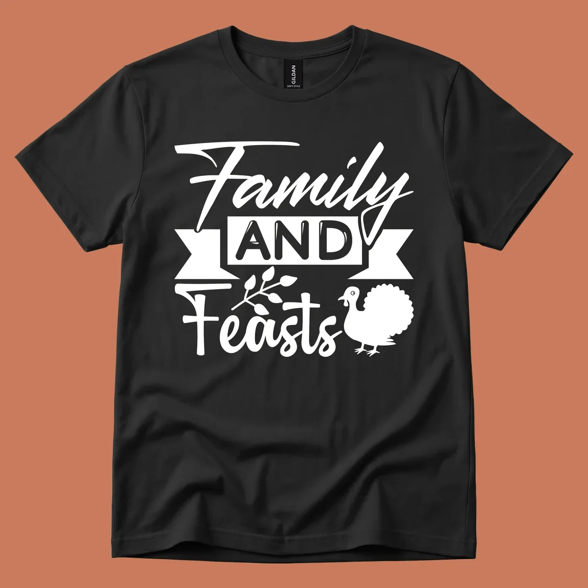 Family and Feasts design with typography, turkey, and leafy branch.