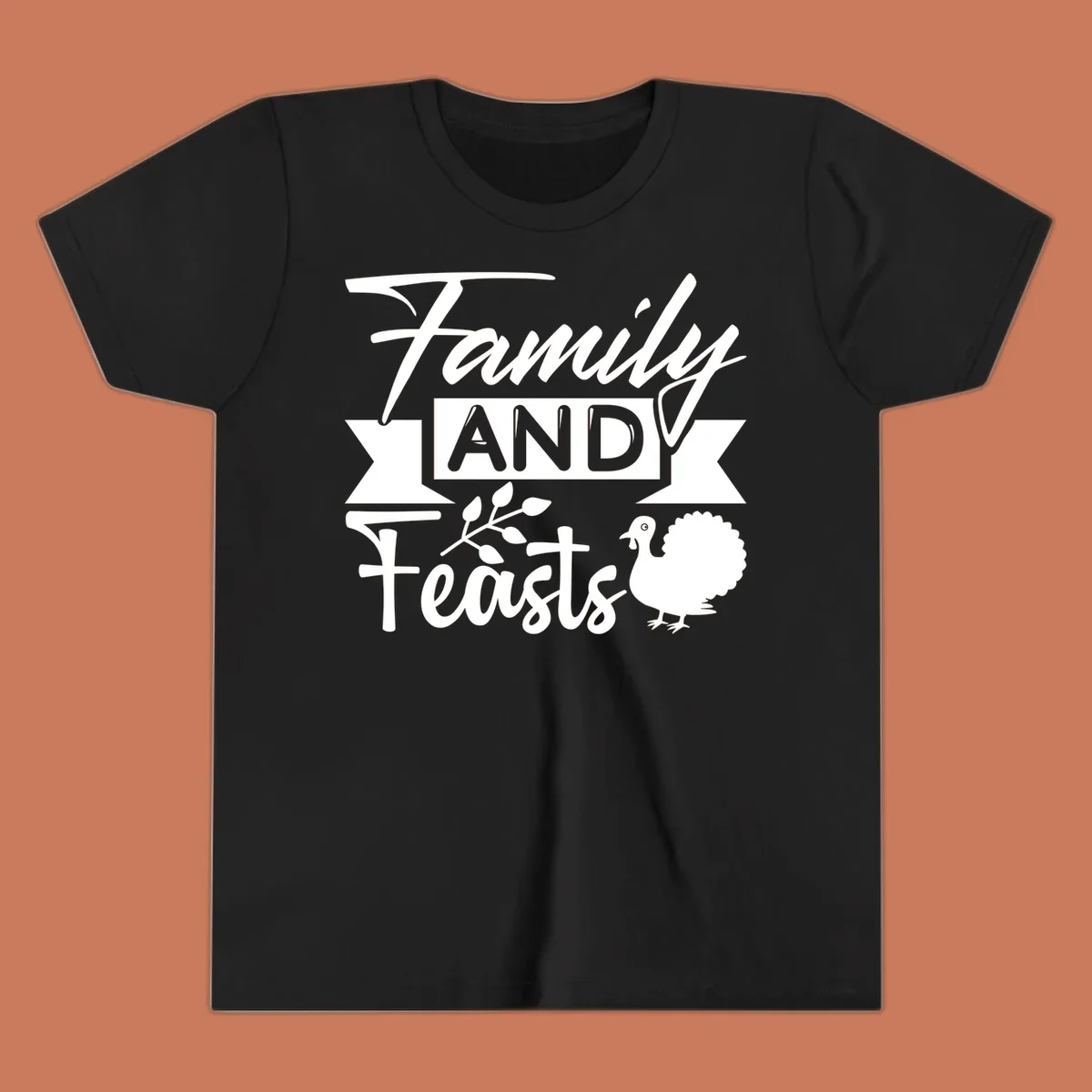 Family and Feasts design with typography, turkey, and leafy branch.