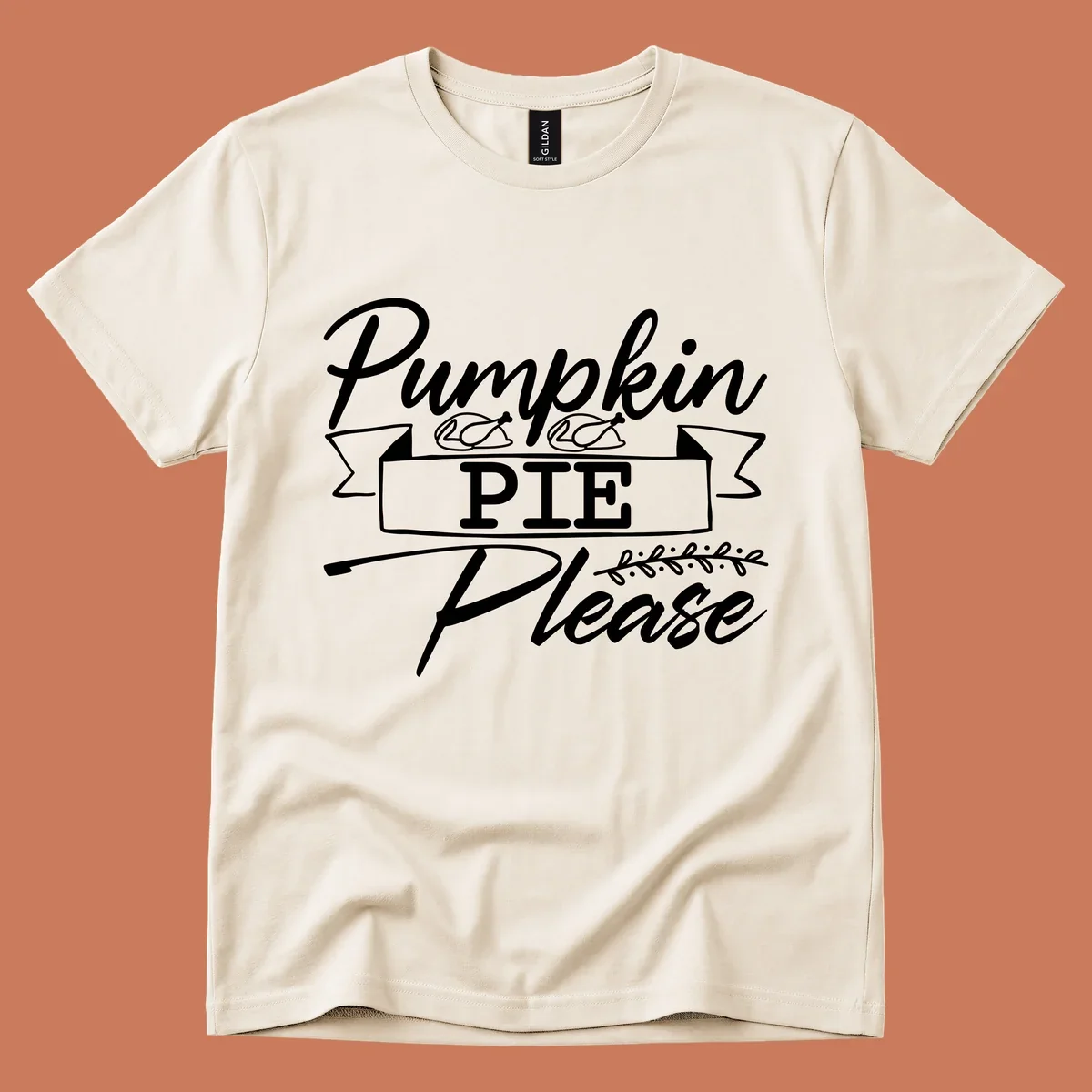 Pumpkin Pie Please text design with roasted chicken graphics, for Thanksgiving and fall.