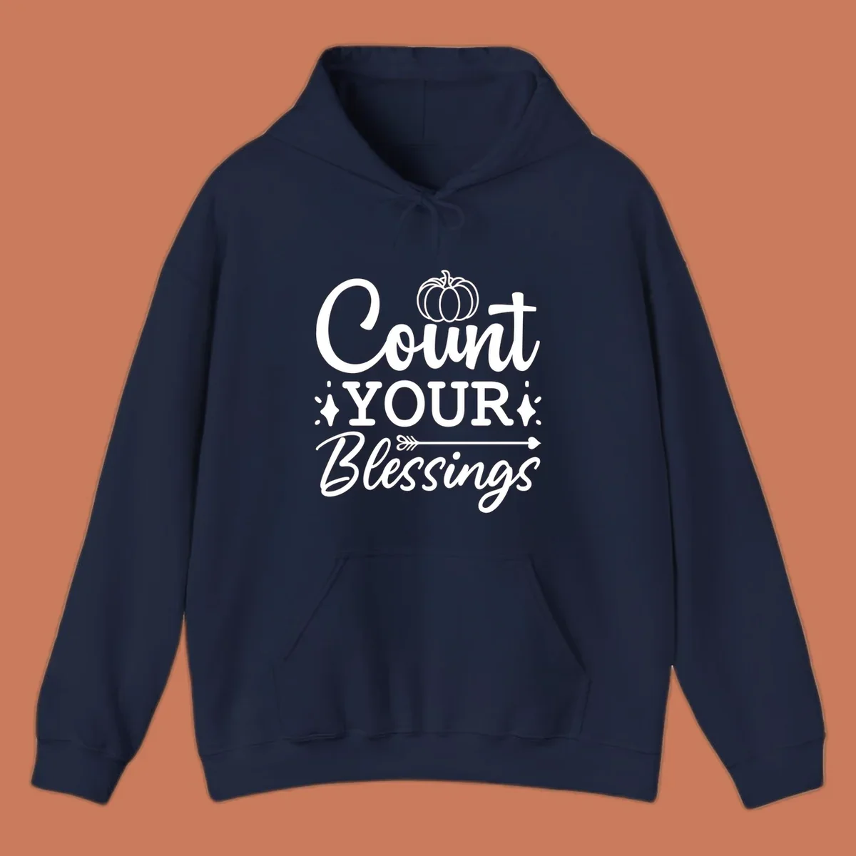 Count your blessings text with pumpkin and arrow graphic, in white.