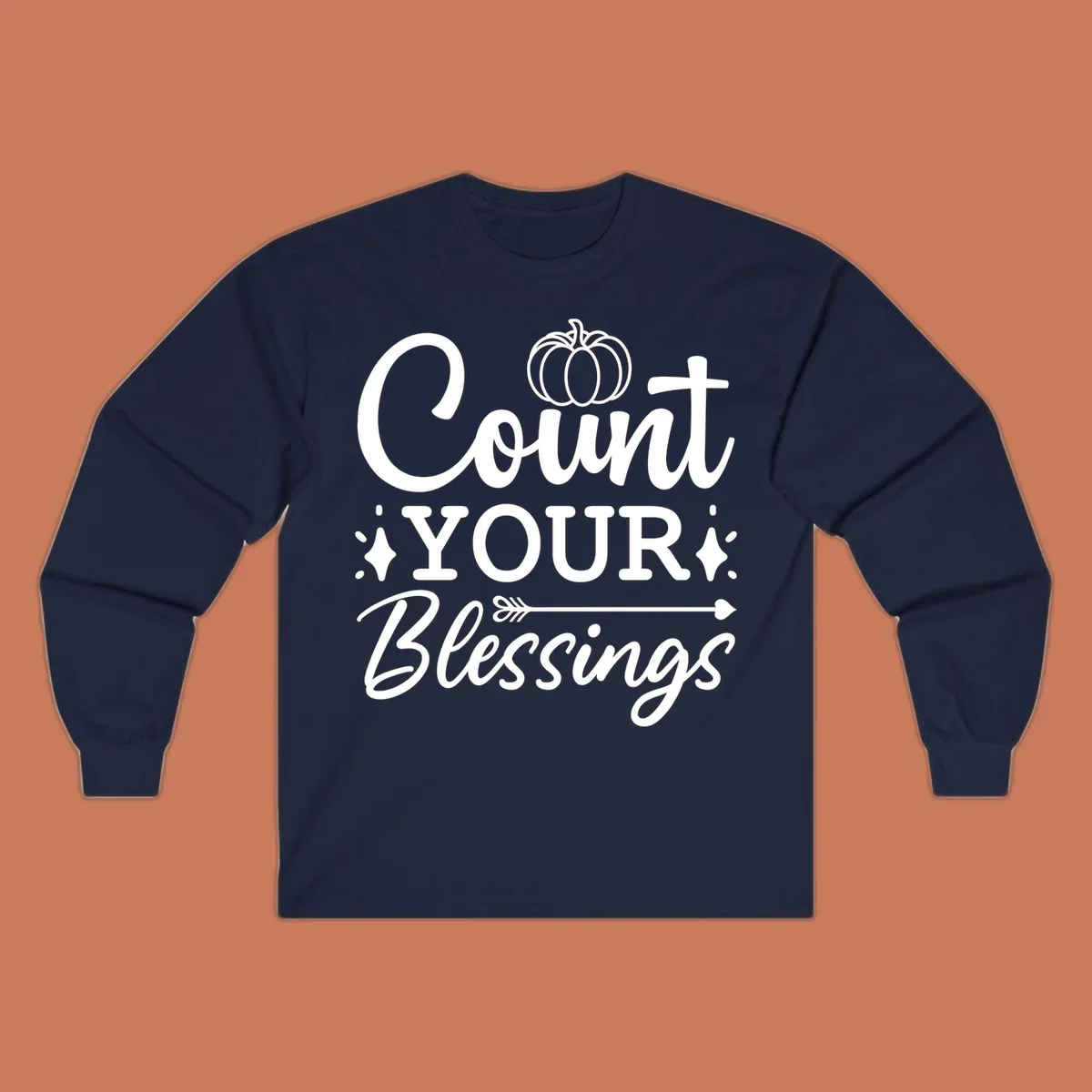 Count your blessings text with pumpkin and arrow graphic, in white.