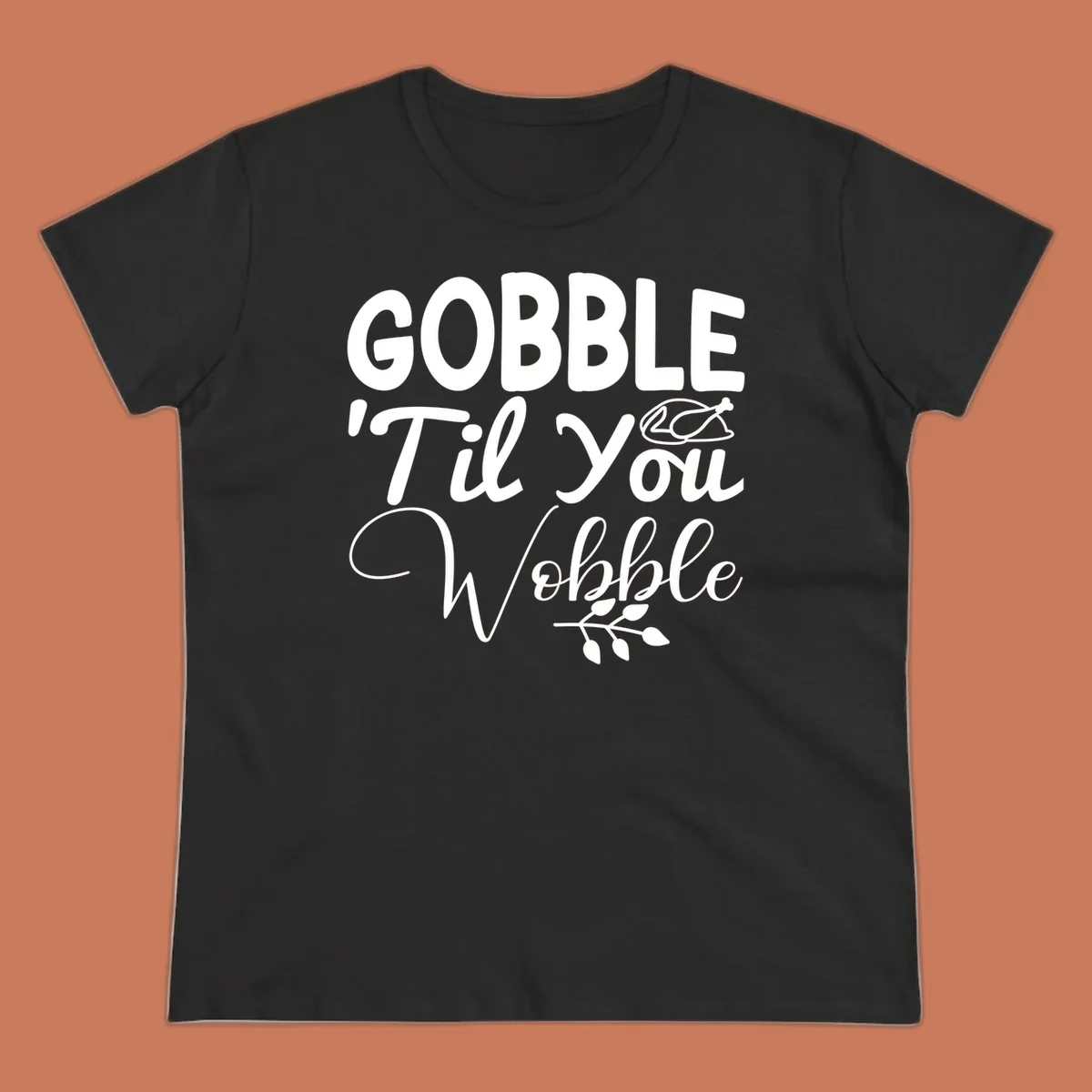 Gobble wobble thanksgiving phrase with roasted turkey illustration and leafy branch.