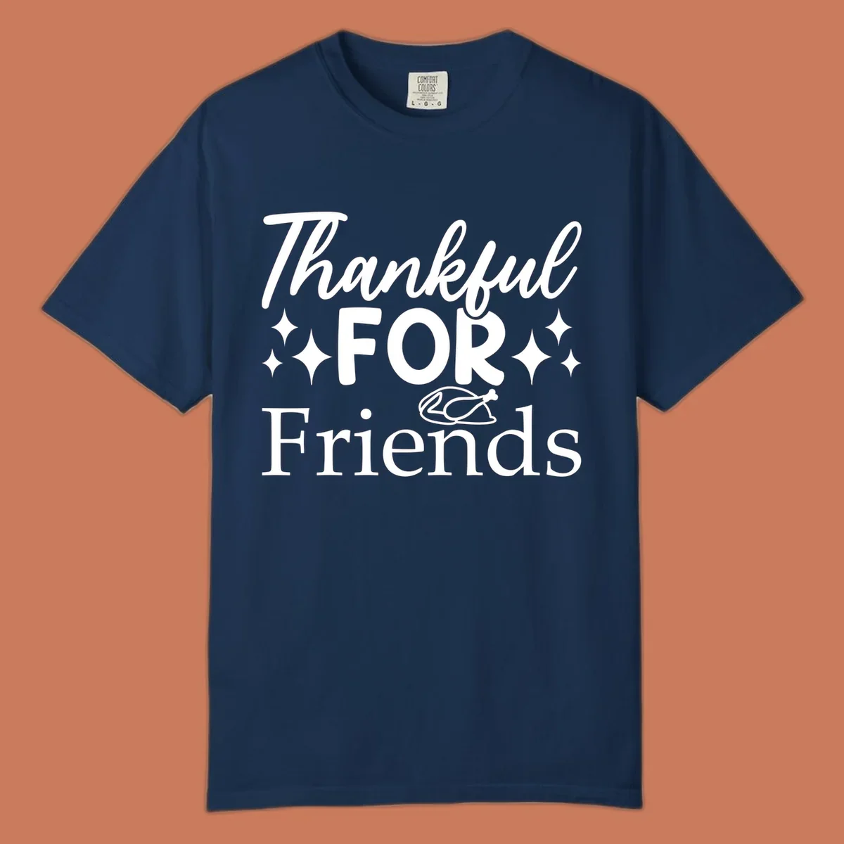 Thankful for Friends typography design with stars and chicken illustration.