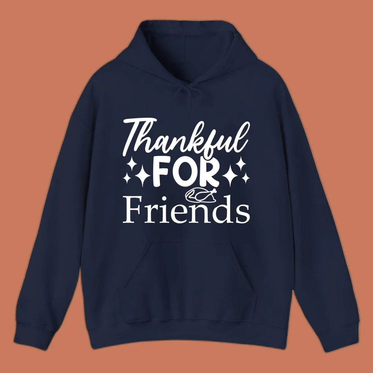 Thankful for Friends typography design with stars and chicken illustration.
