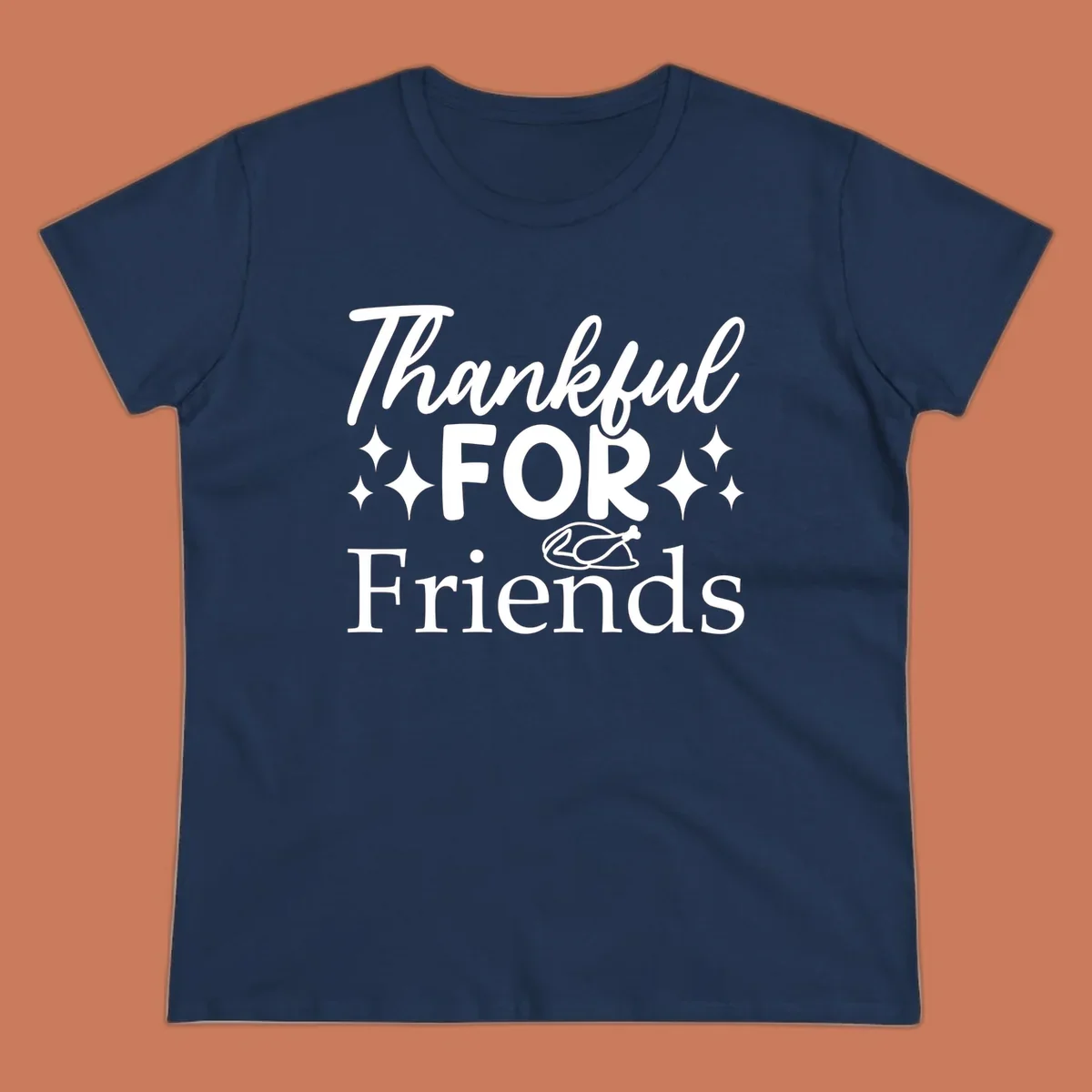 Thankful for Friends typography design with stars and chicken illustration.