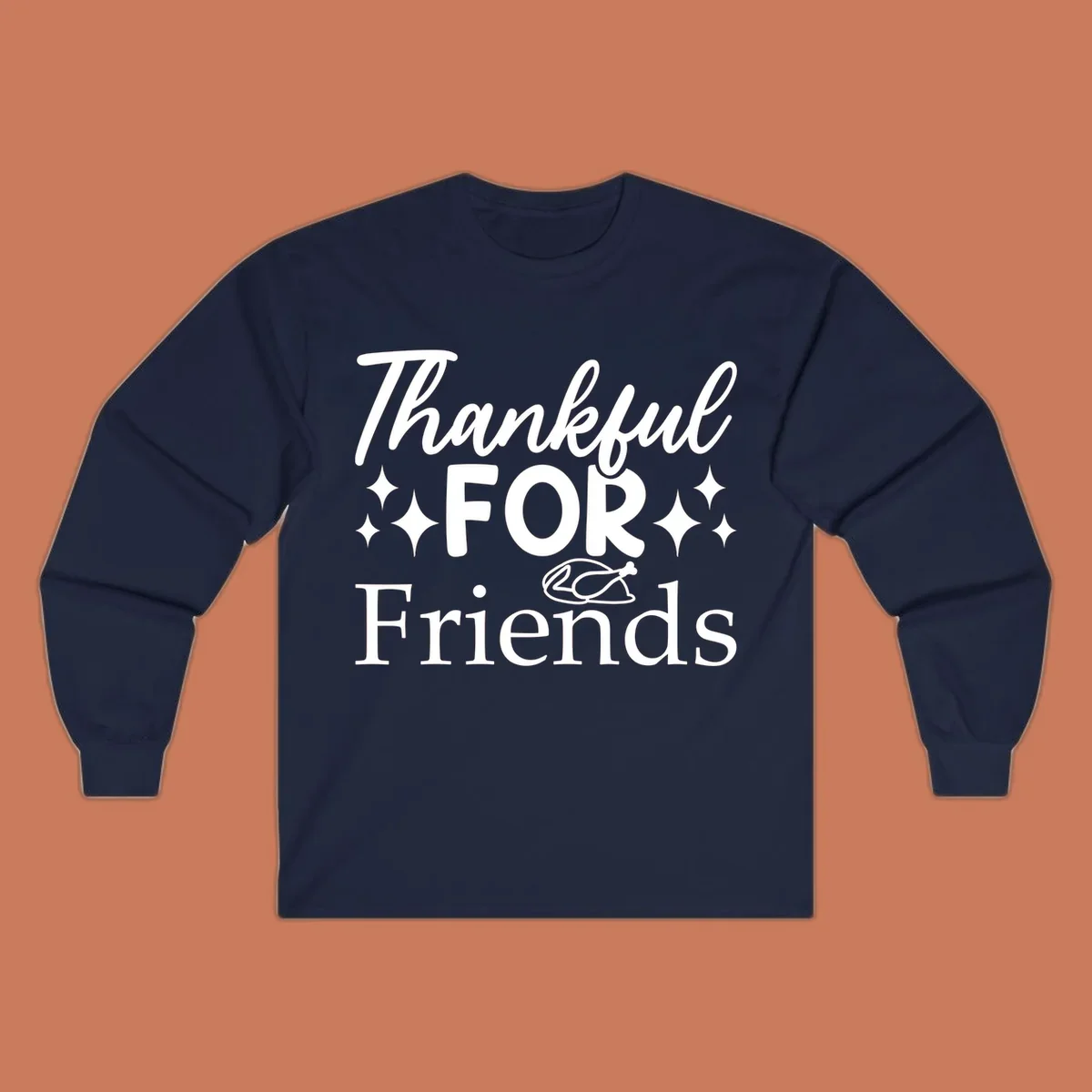 Thankful for Friends typography design with stars and chicken illustration.