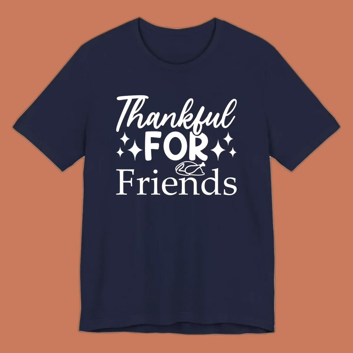 Thankful for Friends typography design with stars and chicken illustration.