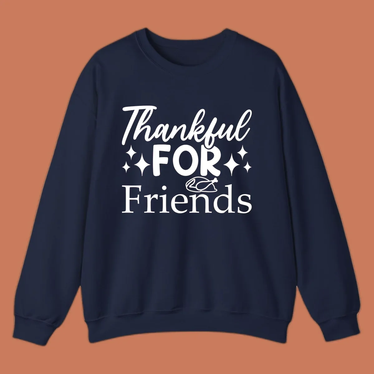 Thankful for Friends typography design with stars and chicken illustration.