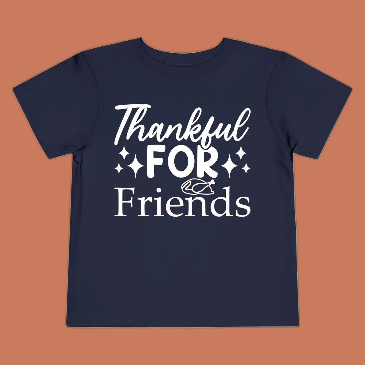 Thankful for Friends typography design with stars and chicken illustration.