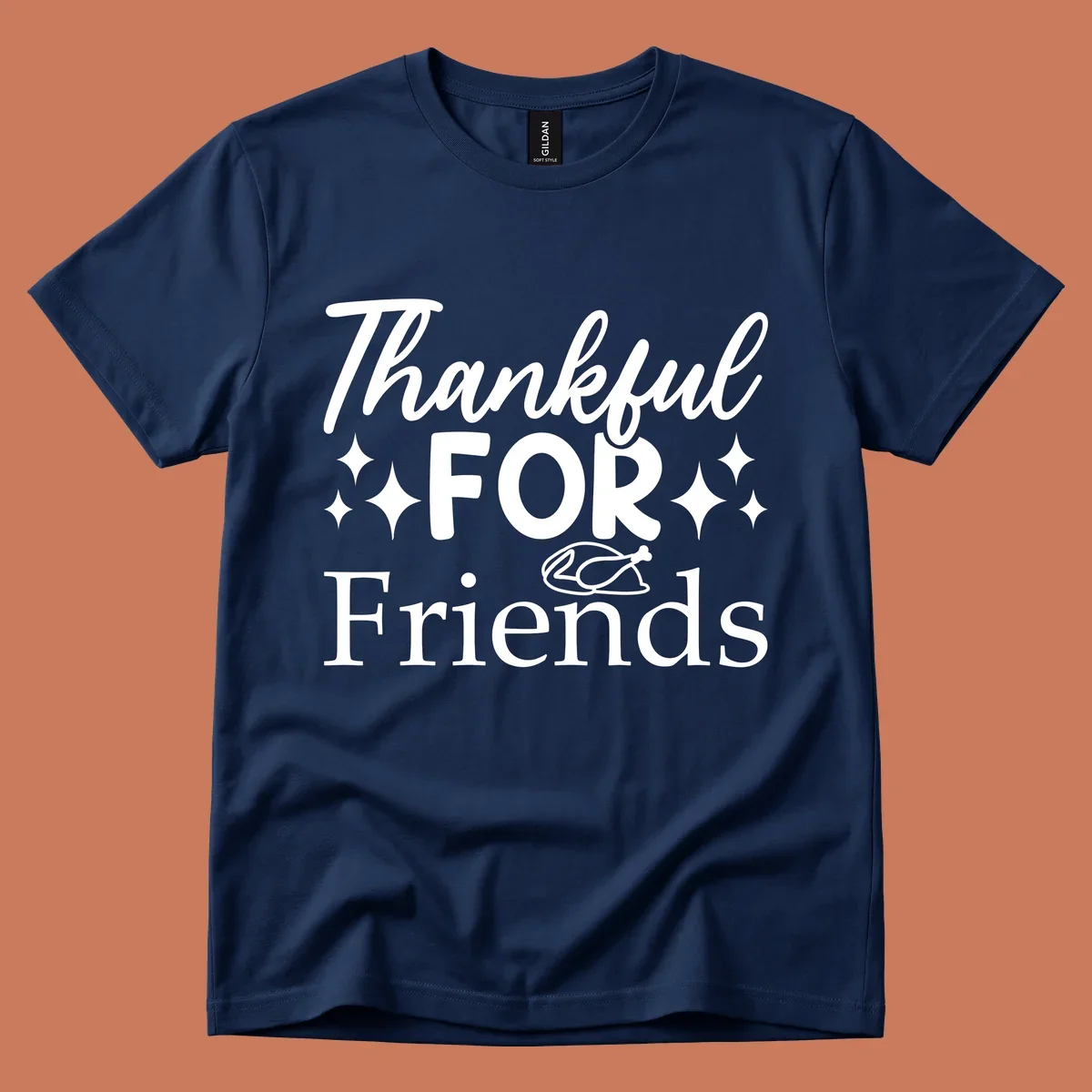 Thankful for Friends typography design with stars and chicken illustration.