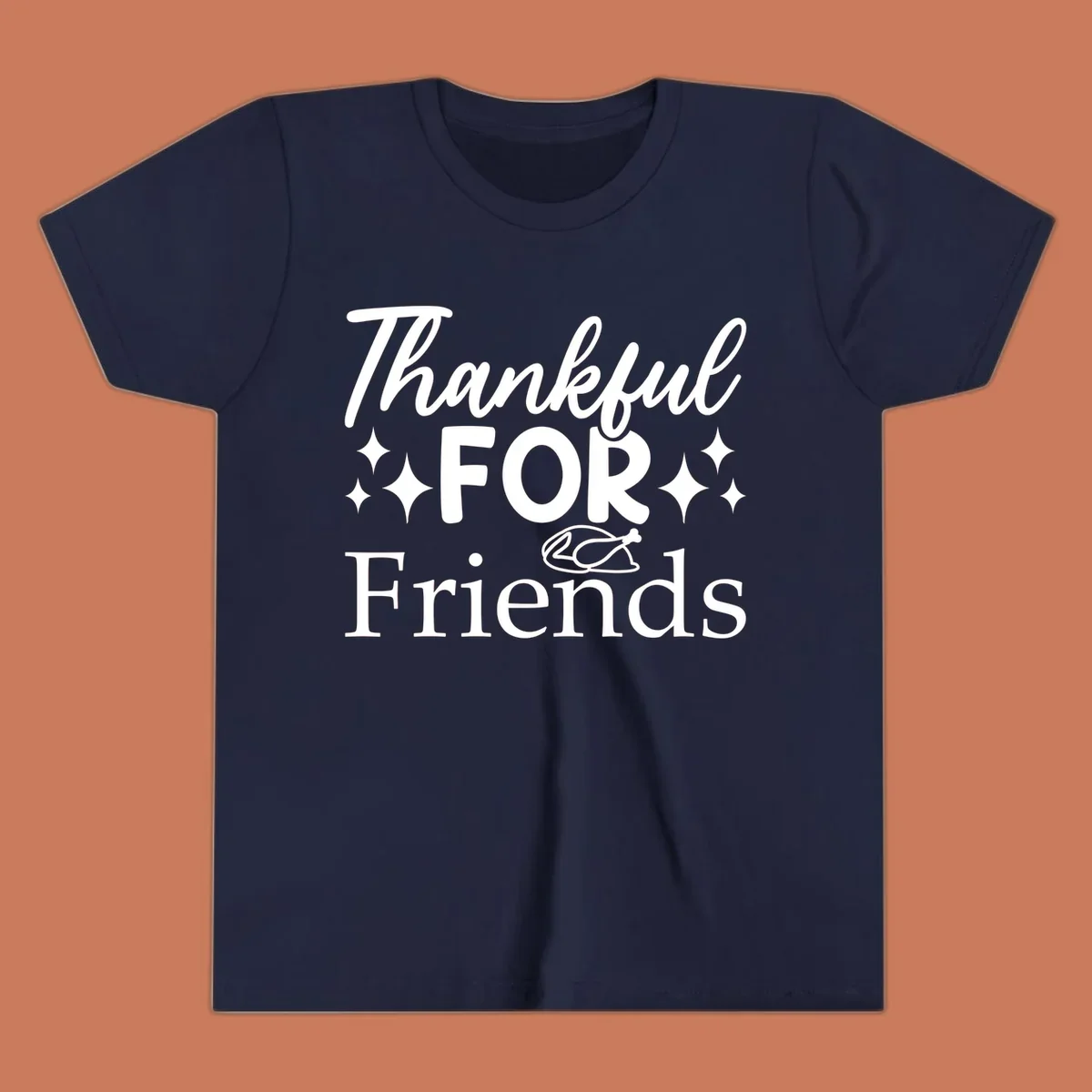 Thankful for Friends typography design with stars and chicken illustration.