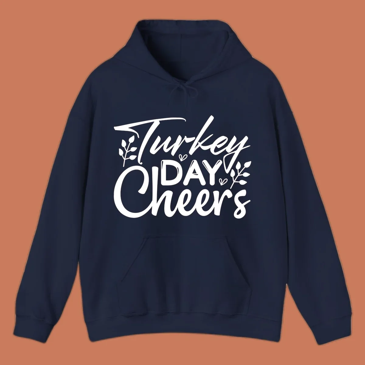 Typography design with "Turkey DAY Cheers" and decorative leaves, a Thanksgiving sentiment.
