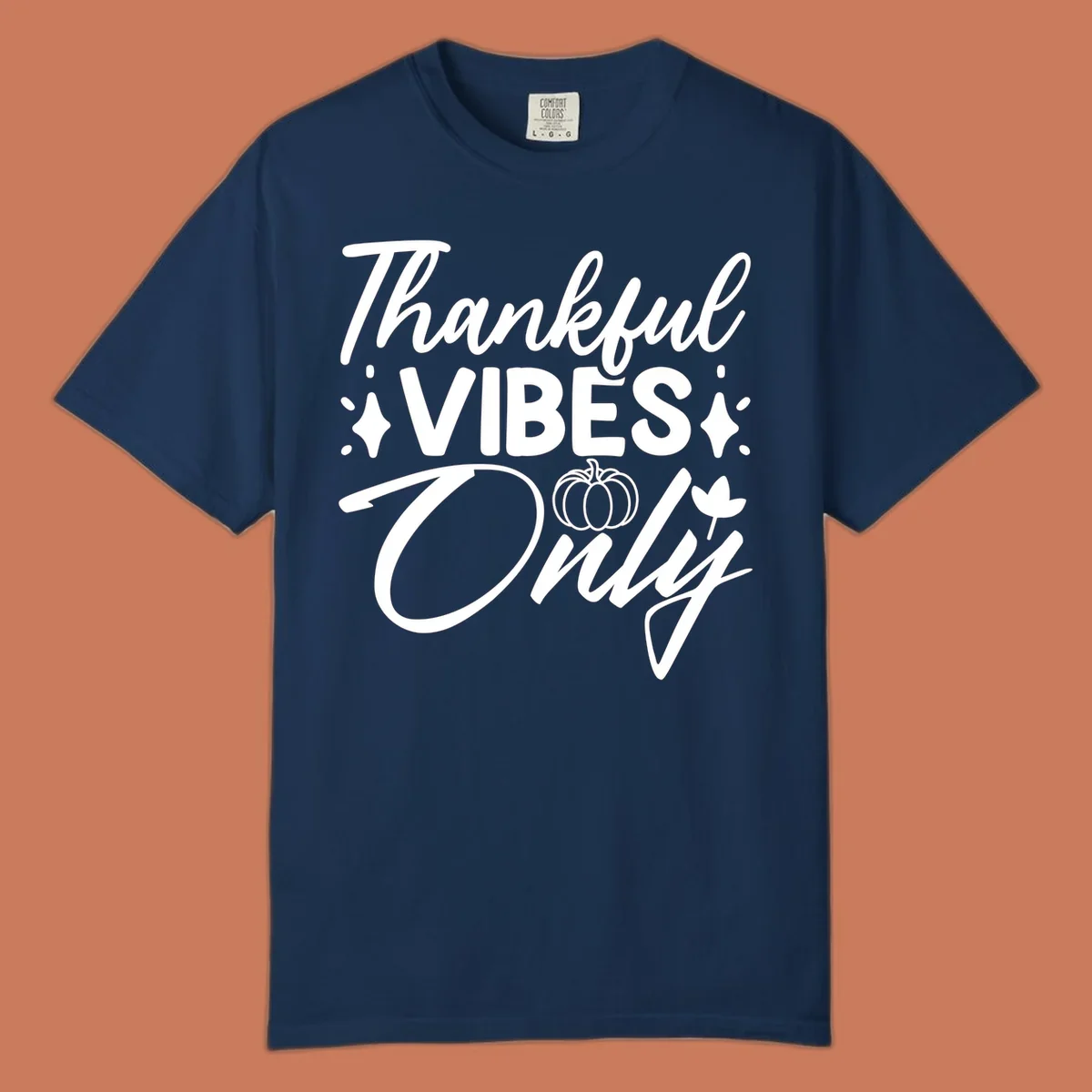 Thankful Vibes Only graphic with pumpkin and flower, white text on black.