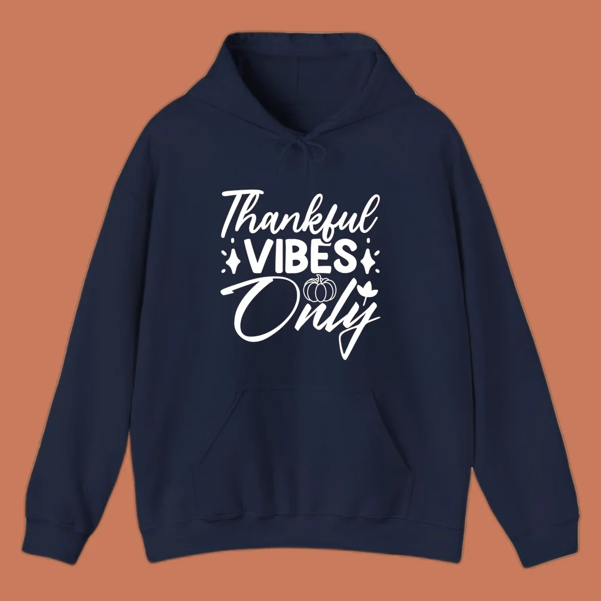 Thankful Vibes Only graphic with pumpkin and flower, white text on black.