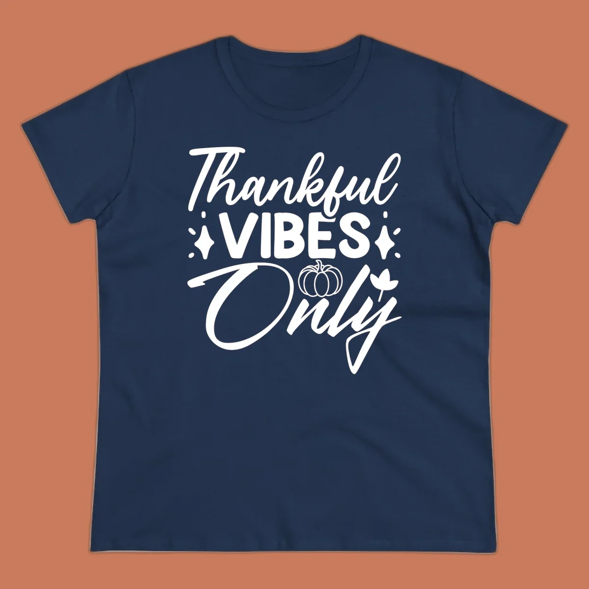 Thankful Vibes Only graphic with pumpkin and flower, white text on black.