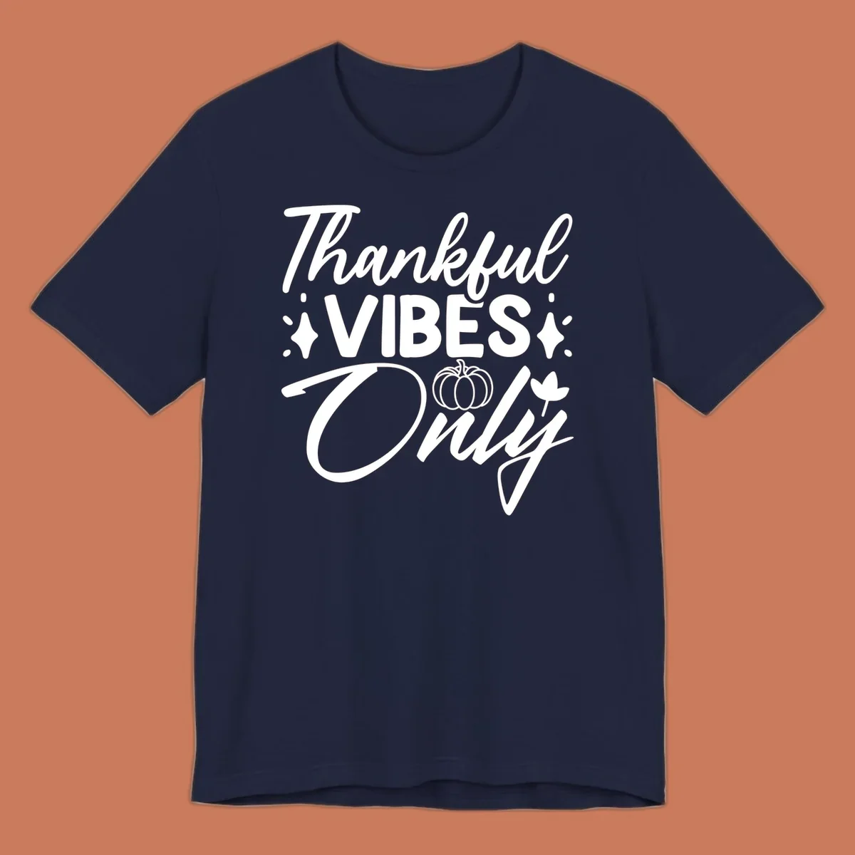 Thankful Vibes Only graphic with pumpkin and flower, white text on black.