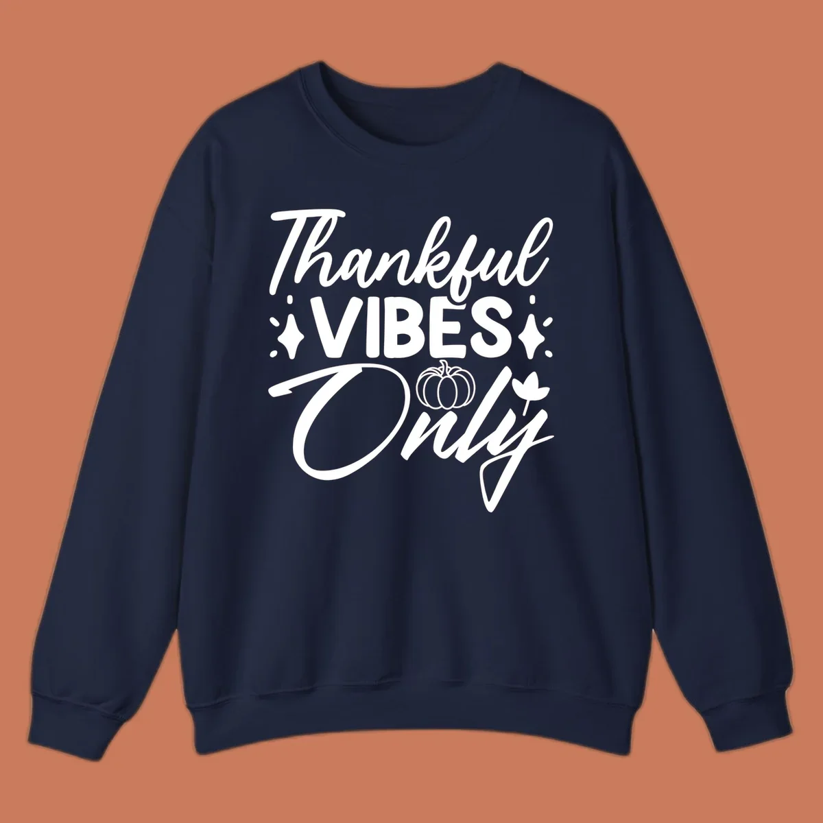 Thankful Vibes Only graphic with pumpkin and flower, white text on black.