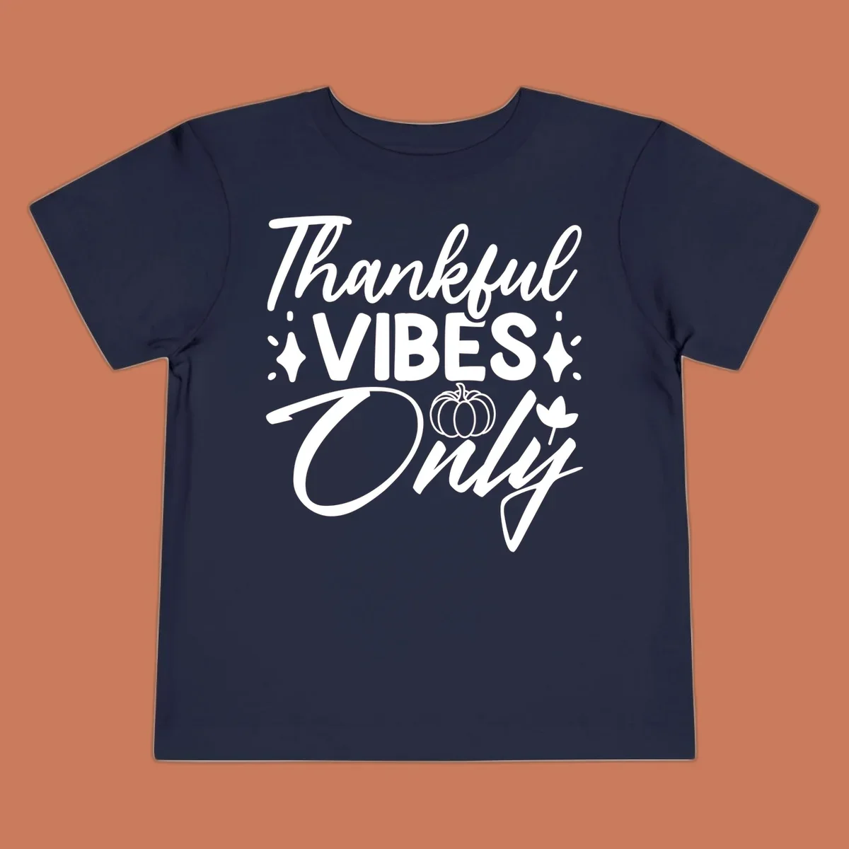 Thankful Vibes Only graphic with pumpkin and flower, white text on black.